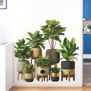 Modern potted green plant wall stickers for home decor set of seven realistic botanical decals