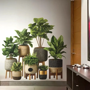 Creative 3D potted plant wall stickers featuring fiddle leaf fig and snake plant decor