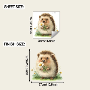 Detail showing sheet and finish dimensions of the cartoon hedgehog wall sticker