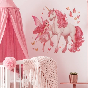 Stickers muraux fée et licorne pour chambre d'enfant avec papillons roses et lune