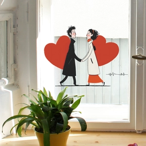 Wandtattoo Comic-Paar mit roten Herzen für Schlafzimmer und Wohnzimmer Glasdekoration