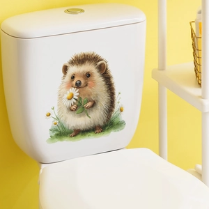 Cartoon hedgehog with daisies wall sticker on white toilet tank with yellow background