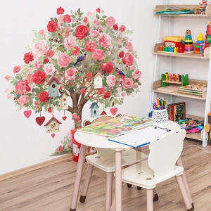 Floral wall sticker featuring red roses, colorful birdhouses, and birds for bedroom decor