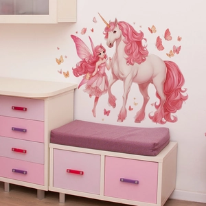 Stickers muraux fée et licorne pour chambre d'enfant avec décors de papillons colorés