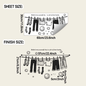 Detail showing layout sheet size and finished dimensions of minimalist laundry room wall decal