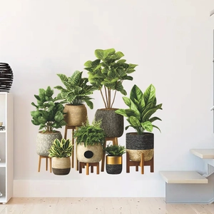 Modern wall stickers featuring realistic potted greenery with woven pots for home decor