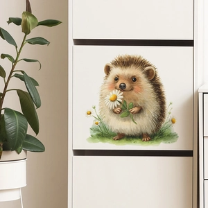 Cute hedgehog picking daisies wall decal sticker on minimalist white furniture drawer