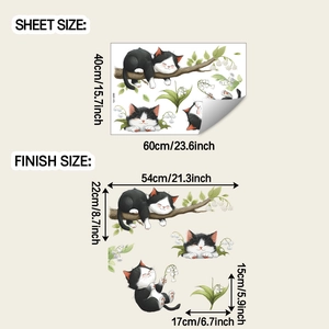 Detailed sheet size and finish dimensions for cartoon kittens and floral wall stickers