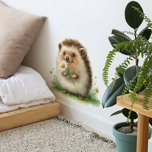 Cute cartoon hedgehog wall sticker with daisy for minimalist living room home decoration