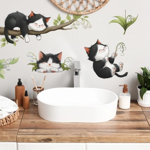 Cartoon playful sleeping cats wall stickers with lily of the valley for kids room decor