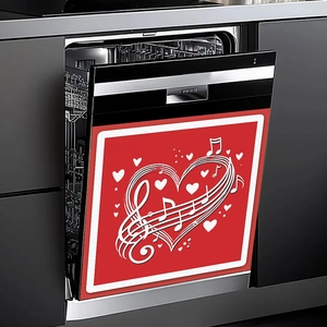 Magnetic dishwasher cover with red musical heart design for kitchen holiday decoration