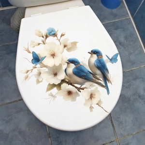 Stickers muraux autocollants oiseaux bleus et fleurs blanches sur couvercle de WC