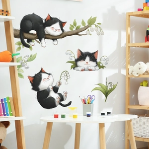 Cartoon playful kittens wall stickers with lily of the valley for kids room wall decor