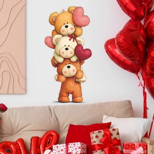 Cute teddy bears with pink heart balloons cartoon wall sticker for living room decoration