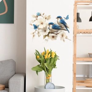 Sticker mural oiseaux bleus et fleurs blanches pour décor de salon moderne