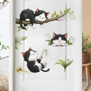Cartoon Playing Sleeping Cat Wall Sticker Nursery Kids Bedroom Decor Self Adhesive PVC Decal Lily Of The Valley Decoration