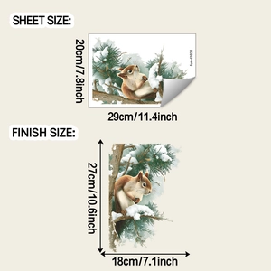 Detailed sheet and finish dimensions for cartoon squirrel on cedar glass window sticker