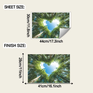 Detail view of heart-shaped forest sky wall decal showing sheet and finish dimensions