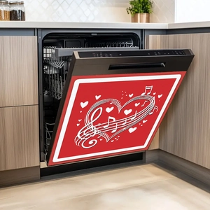 Romantic red magnetic dishwasher cover with white heart and musical notes design