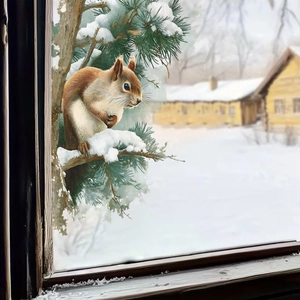 Cartoon squirrel on snow-covered cedar branch window sticker for home glass decoration