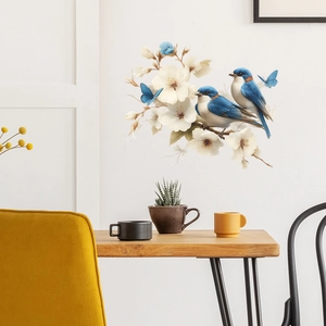 Stickers muraux oiseaux bleus et branches fleuries blanches pour décoration de maison