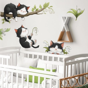 Cartoon playful cats and lily of the valley wall stickers for nursery and kids' bedroom
