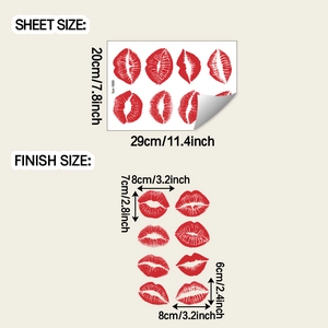 Detail sheet of red lip print wall stickers with 20x29cm dimensions and size specifications