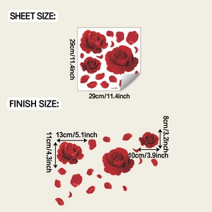 Detail of red rose wall decals showing sheet size and layout dimensions for DIY home decor