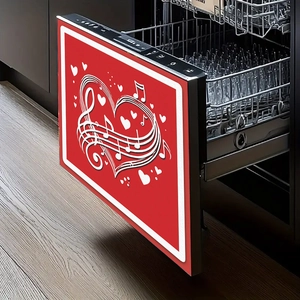 Red dishwasher magnet cover featuring white musical notes in heart shape for kitchen decor