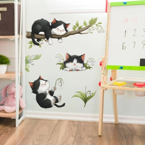 Cartoon sleeping kittens and lily of the valley wall stickers for kids bedroom decor
