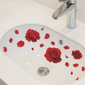 Realistic 3D red rose flower wall stickers applied to a white ceramic sink interior