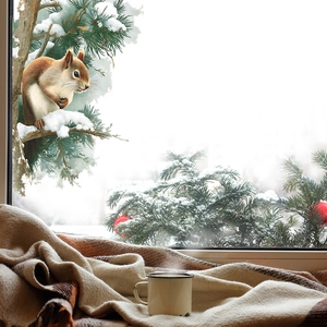 Squirrel on snow-covered cedar branch window decal for cozy winter interior decoration