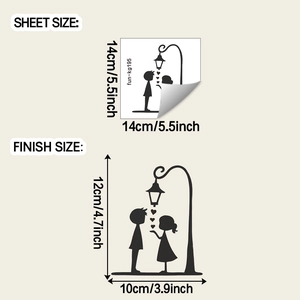 Detail view showing sheet and finish dimensions for romantic couple street lamp wall sticker