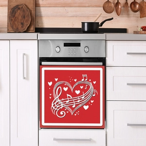 Romantic red dishwasher sticker with musical notes and hearts on a kitchen appliance