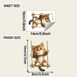 Detailed sheet and finish size dimensions for the cute swinging cat wall sticker