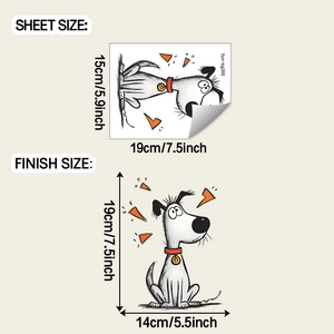 Detailed sheet and finish size dimensions for the cartoon dog wall sticker with red collar