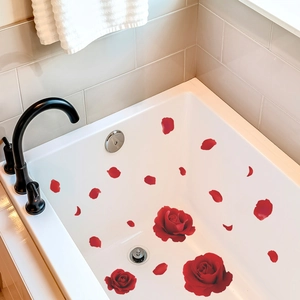 3D red rose wall stickers and scattered petals for romantic bathroom bathtub decoration