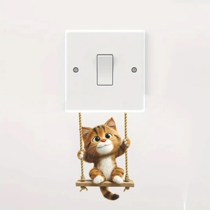 3D Cartoon Orange Striped Cat On Swing Wall Sticker PVC Self Adhesive Switch Decoration For Home Bedroom Living Room