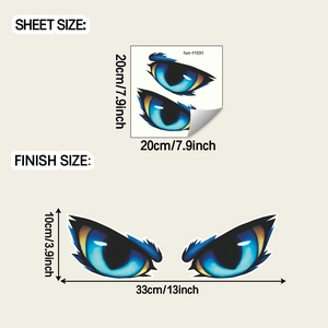 Detail of cartoon demon eyes wall sticker showing size specs and dimensions