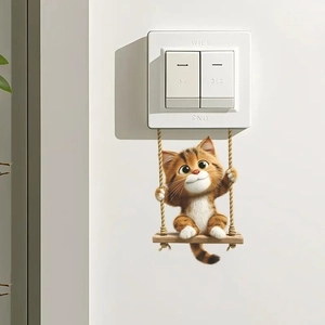 3D cute cartoon cat on a swing wall sticker for home light switch decoration