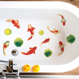 Kreative Schwimmende Koi Fisch Lotusblatt Wandtattoo Wasserdicht PVC Deko Aufkleber Für Badezimmer Badewanne Haus Dekoration
