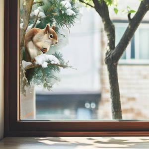 Winter Squirrel On Snowy Pine Tree Window Sticker PVC Static Cling Glass Door Decal For Living Room Home Decoration