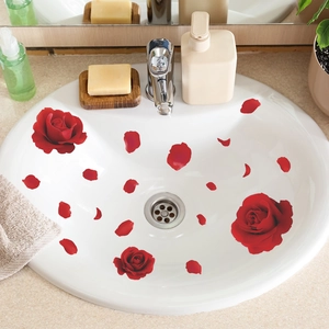 Romantic 3D red rose wall stickers and scattered petals for home decor on white surface