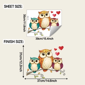 Detail of cartoon owl wall decal showing sheet dimensions and finished display size