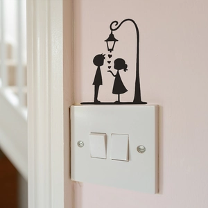 Romantic couple silhouette wall sticker with vintage streetlight and hearts for bedroom decor