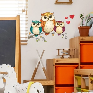Cartoon owl family wall stickers on tree branch with red hearts for kids bedroom decor