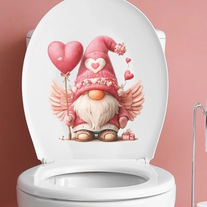 Cartoon Valentine's Day Gnome Angel Toilet Sticker PVC Removable Pink Heart Balloon Bathroom Lid Decoration Decal Ornament
