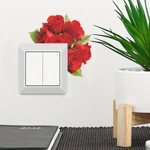Stickers muraux roses rouges vives pour décoration d'interrupteur et feuilles vertes