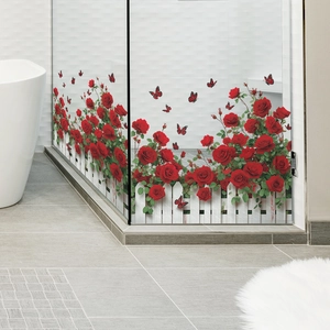 Waterproof watercolor rose and fence wall decals applied to a modern glass shower screen