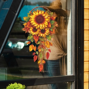 Autumn sunflower dreamcatcher wall sticker with vibrant fallen leaves for home decor